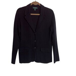 Lauren Ralph Lauren Womens Large Petite Black Blazer Cotton Knit Pockets Classic